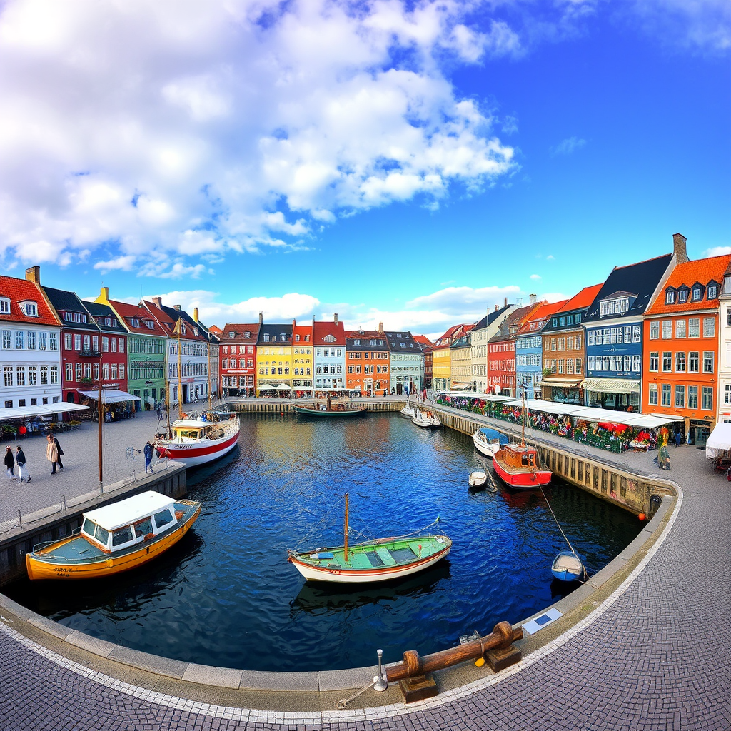Beautiful panoramic view of Copenhagen's colorful Nyhavn harbor with historic buildings, boats, and cobblestone streets