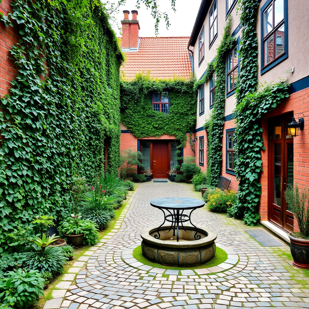 Beautiful hidden courtyard garden in Copenhagen with cobblestone paths, ivy-covered walls, and traditional Danish architecture, showcasing one of the city's secret spots away from tourist crowds