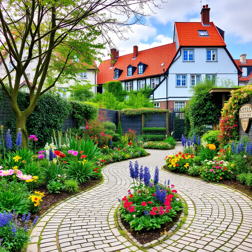 Scenic view of a secret garden in Copenhagen with cobblestone paths, colorful flowers, and traditional Danish architecture in the background, representing hidden local spots away from tourist areas