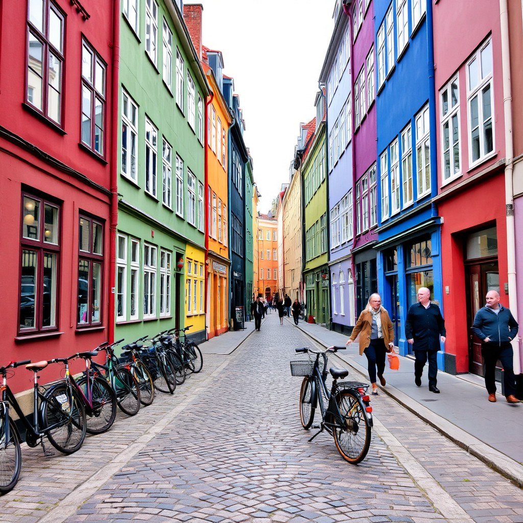 Charming cobblestone street in Copenhagen with colorful historic buildings, bicycles parked along the sidewalk, and locals walking through a quiet neighborhood away from tourist areas