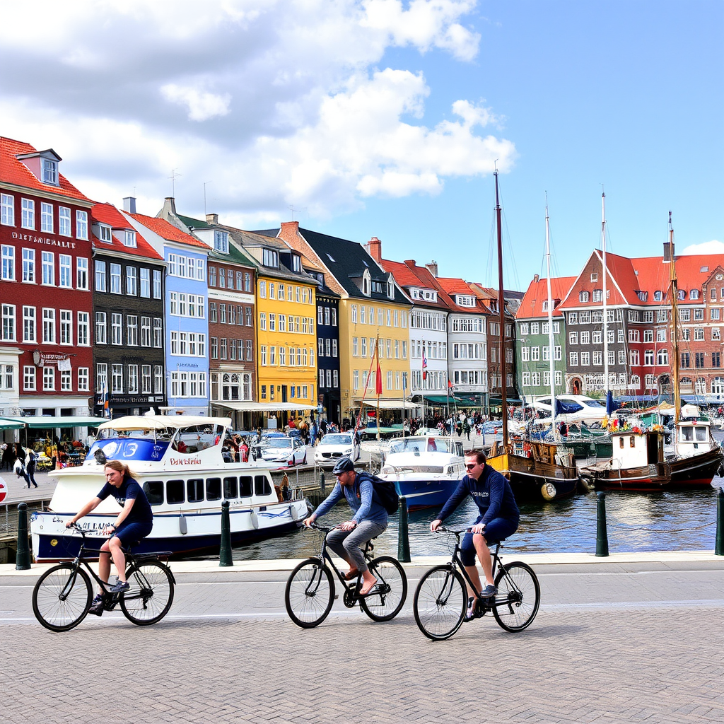 Cyclists riding along Copenhagen's scenic waterfront with colorful historic buildings and boats in the harbor background