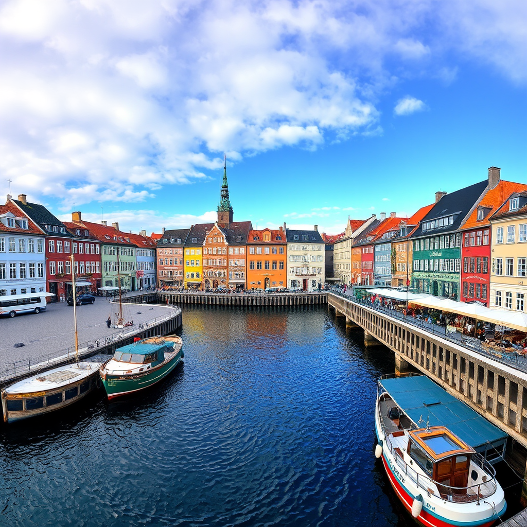 Beautiful panoramic view of Copenhagen showing the city's colorful buildings along Nyhavn canal with seasonal changes, featuring the iconic harbor front with traditional Danish architecture under different weather conditions throughout the year