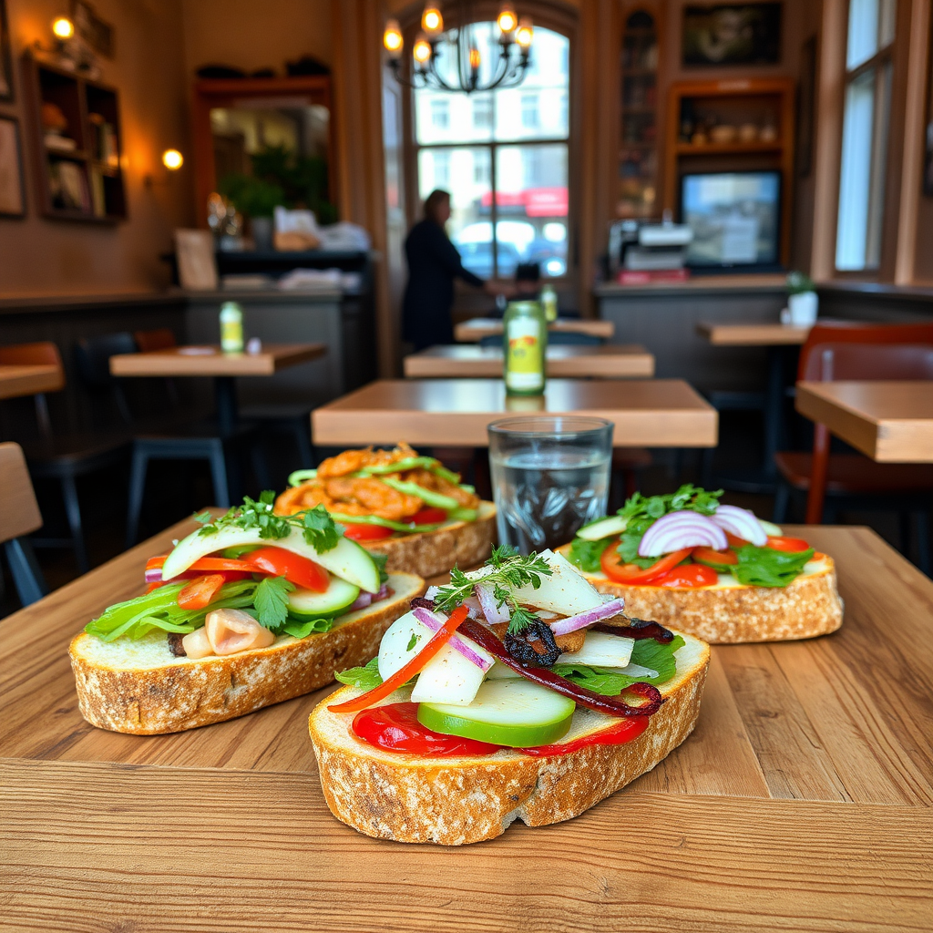 Authentic Danish smørrebrød open sandwiches with fresh ingredients on a wooden table in a cozy Copenhagen café, representing traditional local cuisine favored by residents