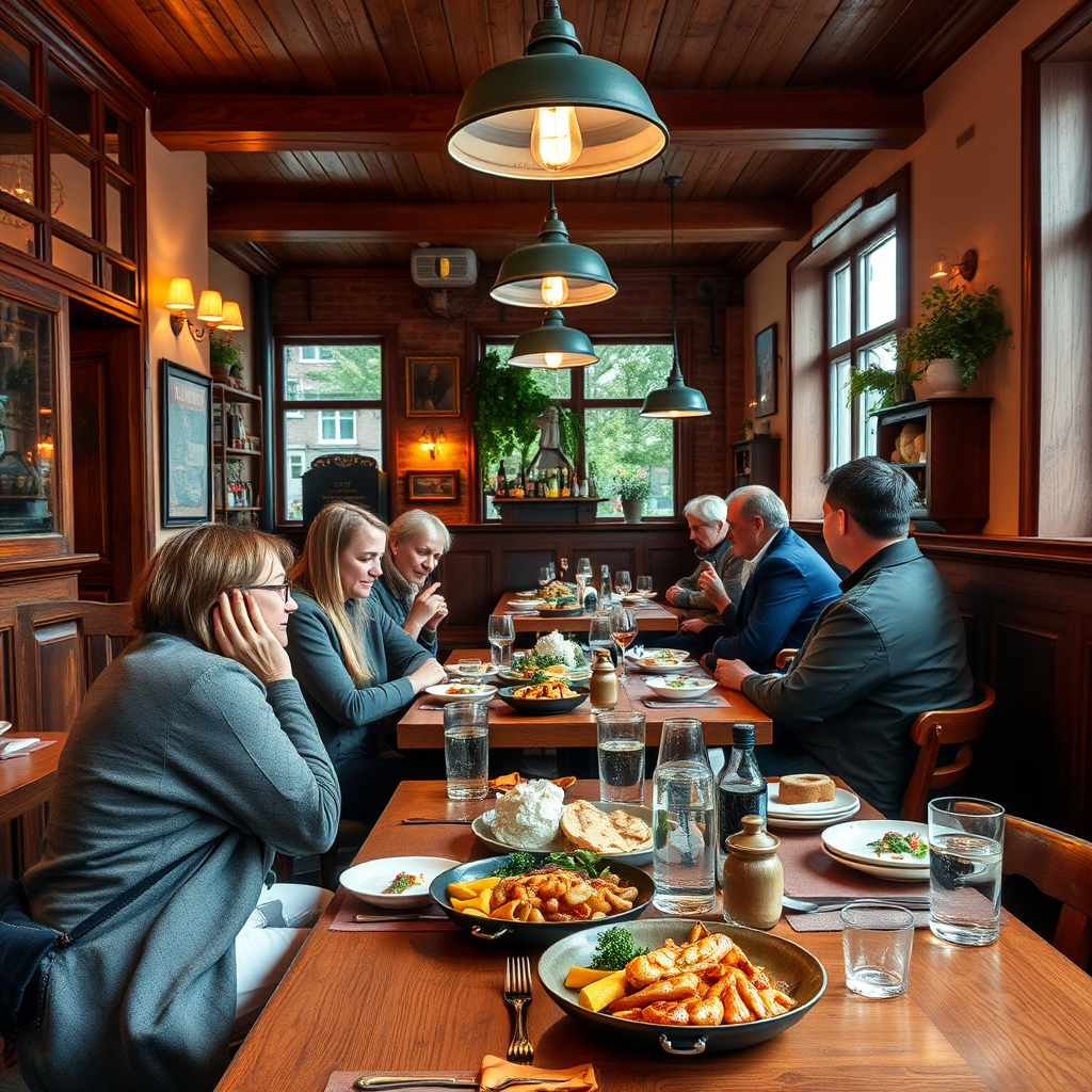 Traditional Danish restaurant interior with locals enjoying authentic Copenhagen cuisine, wooden tables, warm lighting, and traditional Nordic food presentation showcasing local dining culture