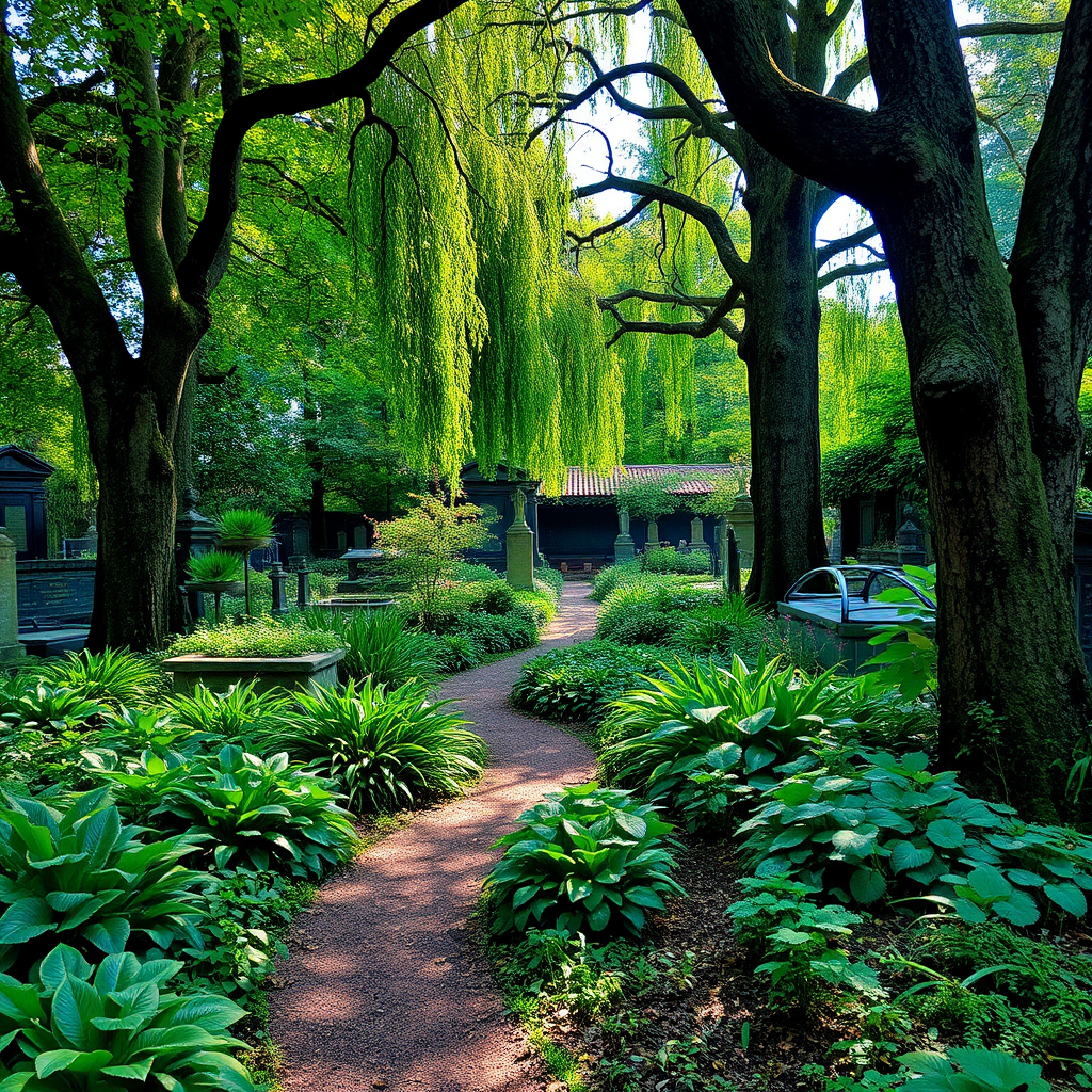 Peaceful hidden garden area within Assistens Cemetery featuring lush green plants, winding pathways, and dappled sunlight filtering through old trees