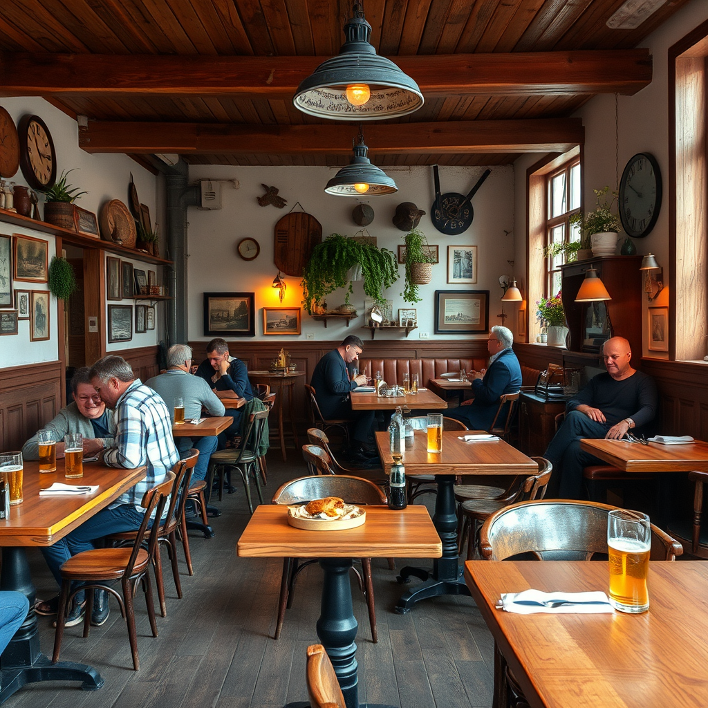 Cozy traditional Danish restaurant interior with wooden tables, vintage decor, and locals enjoying smørrebrød and Danish beer
