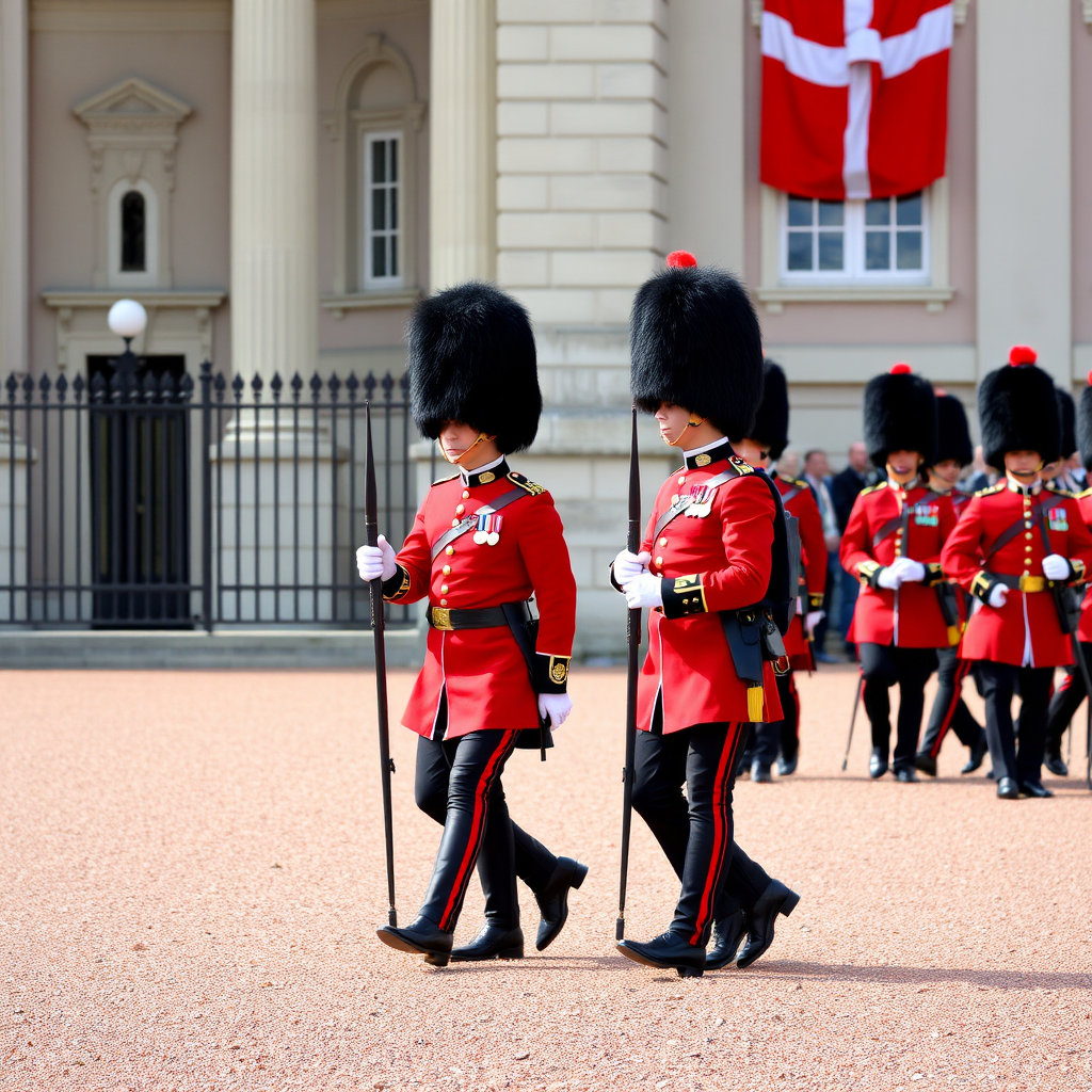 Royal guards in traditional red uniforms and tall black hats performing the changing of the guard ceremony at Amalienborg Palace in Copenhagen