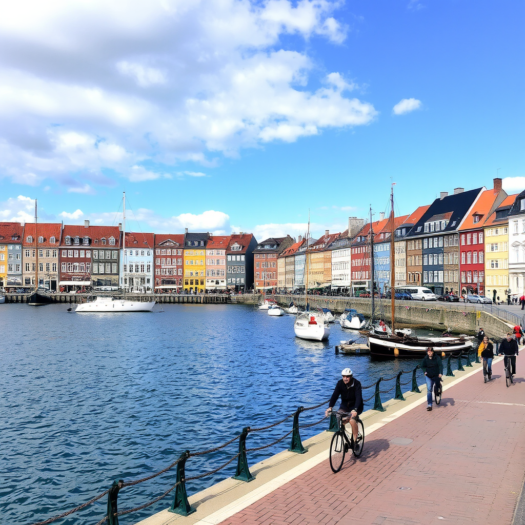 Panoramic view of Copenhagen harbor with cyclists on waterfront path, featuring Nyhavn colorful buildings and sailing boats