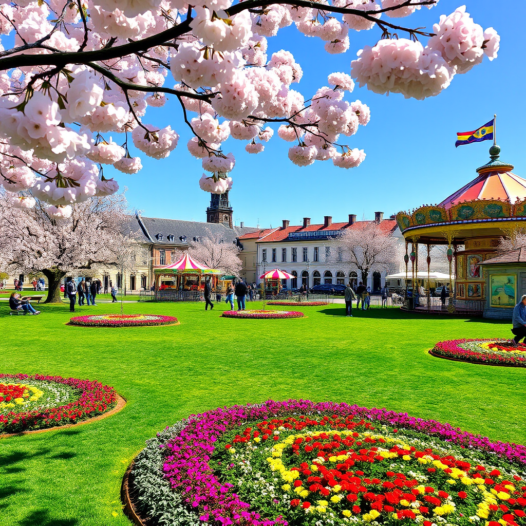 Copenhagen's Tivoli Gardens in spring with blooming cherry blossoms, green lawns, and visitors enjoying the mild weather among colorful flower beds and historic amusement park rides