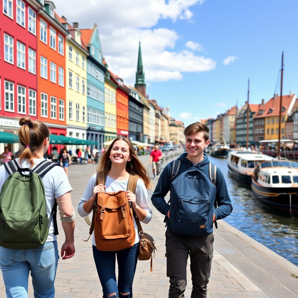 Young travelers with backpacks exploring Copenhagen's colorful Nyhavn harbor district on foot, demonstrating budget-friendly sightseeing with iconic Danish architecture and canal boats in background