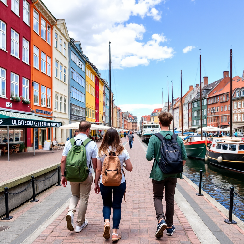 Young travelers exploring Copenhagen on a budget, walking through colorful Nyhavn harbor with backpacks, showing affordable travel experience with iconic Copenhagen architecture and canal views