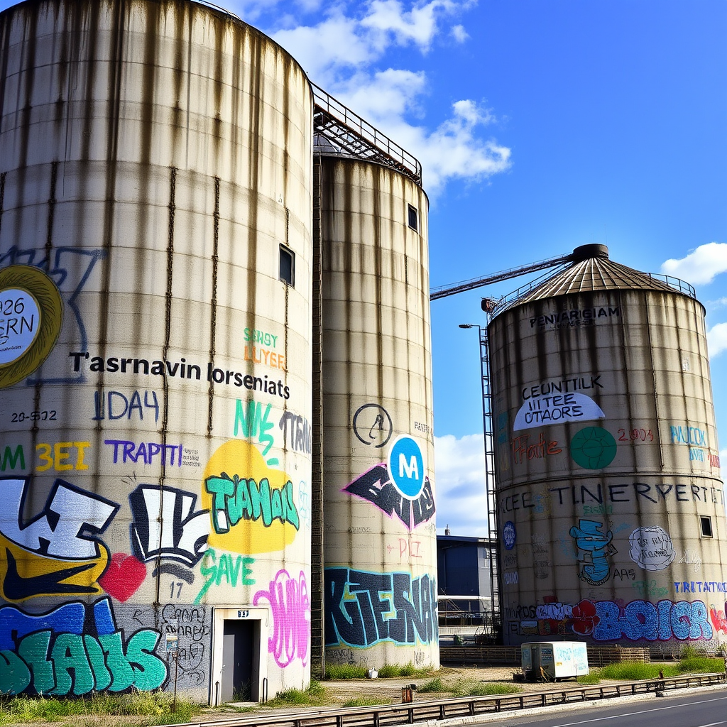 Large concrete industrial silos covered in colorful street art and graffiti murals, with Copenhagen harbor visible in the background