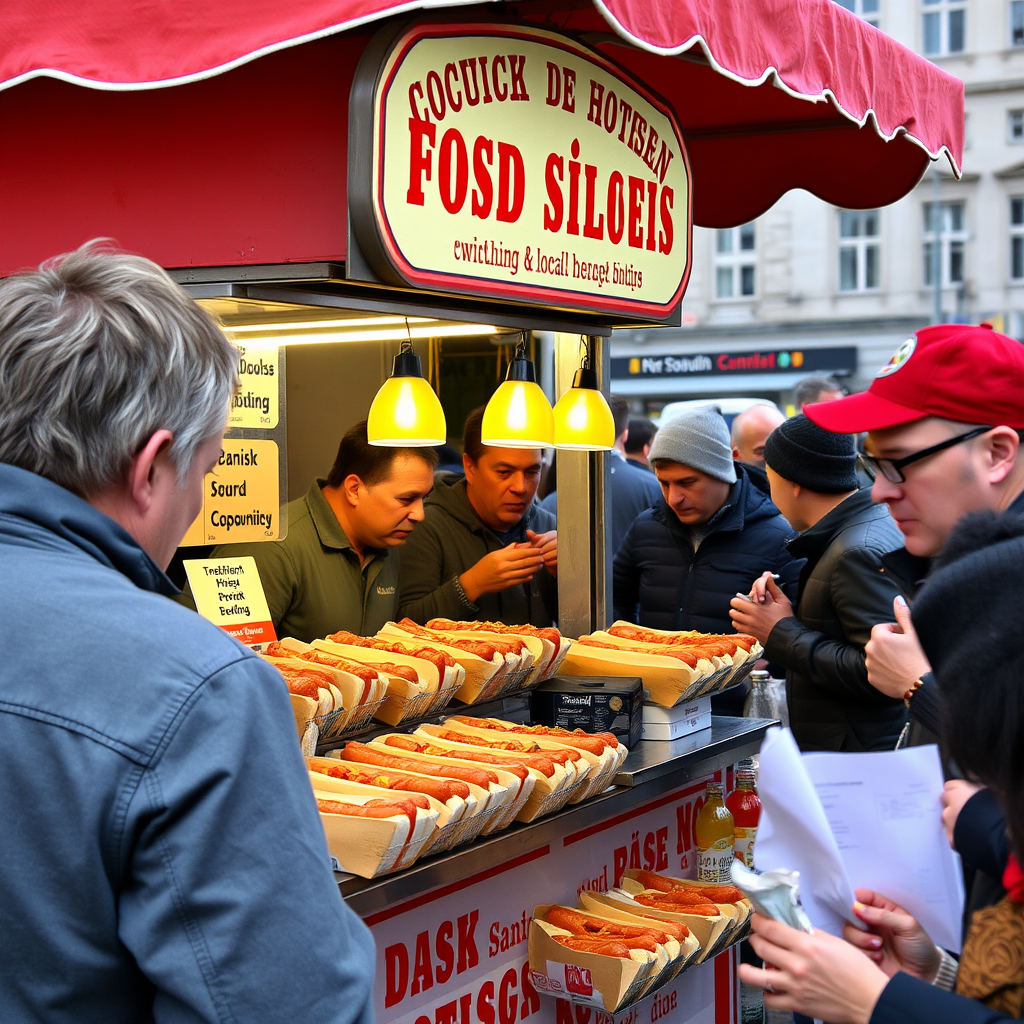 Traditional Copenhagen hot dog stand with Danish pølse sausages, local condiments, and customers enjoying street food