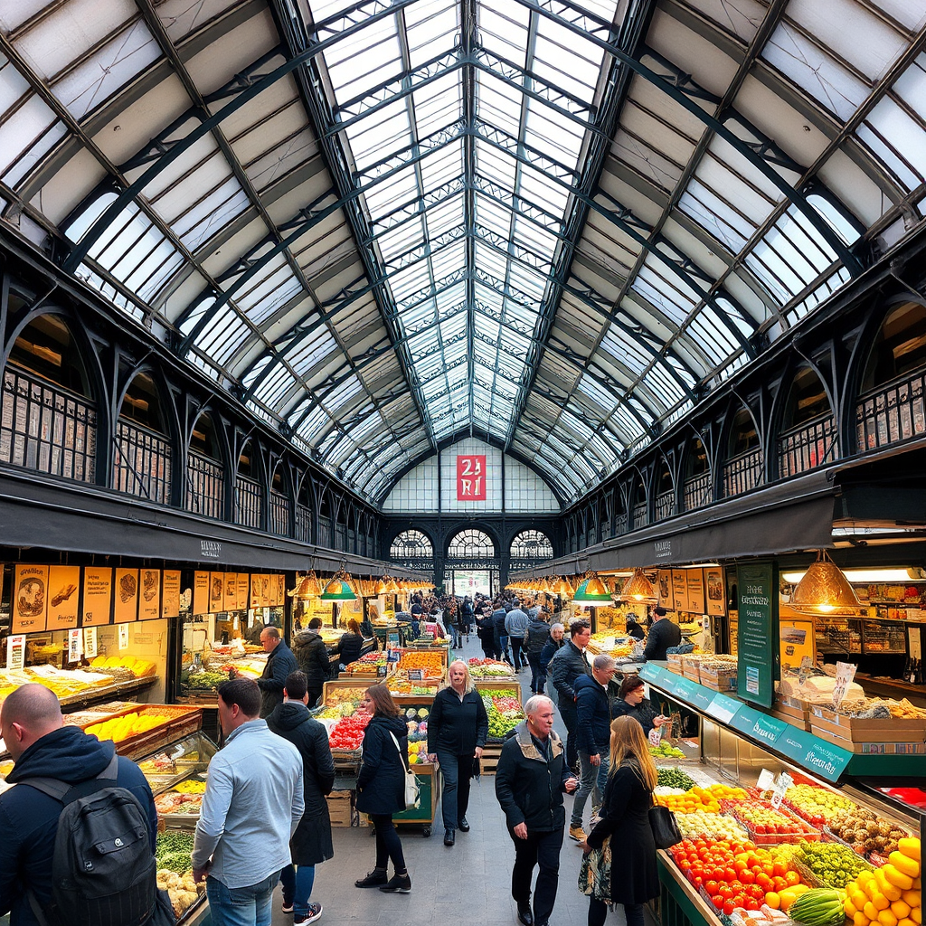 Bustling indoor food market with glass ceiling, various food stalls selling Danish specialties, fresh produce, and visitors browsing the colorful displays at Torvehallerne in Copenhagen