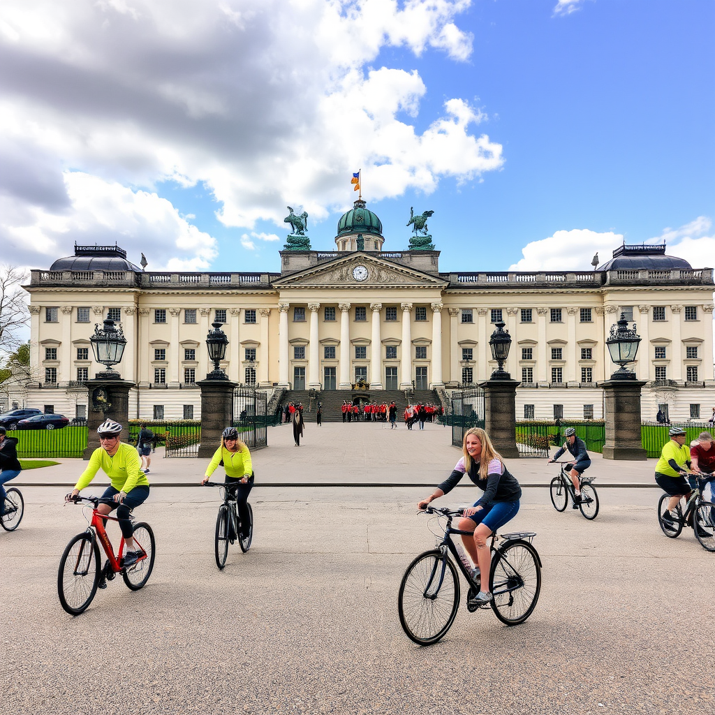 Cyclists in front of Amalienborg Palace with royal guards and baroque architecture in Copenhagen