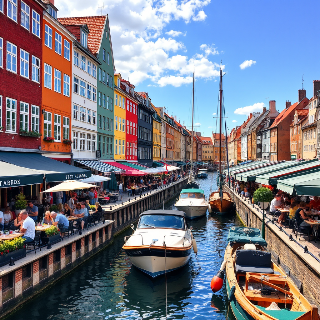 Vibrant summer scene at Copenhagen's Nyhavn harbor with outdoor dining, colorful historic buildings, boats in the canal, and people enjoying the long daylight hours at waterfront restaurants