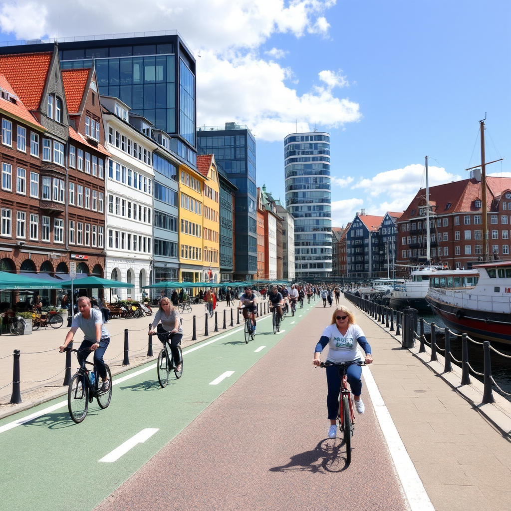 Cyclists riding through Copenhagen's dedicated bike lanes along the harbor, with traditional Danish buildings and modern architecture in the background, showcasing the city's bike-friendly infrastructure