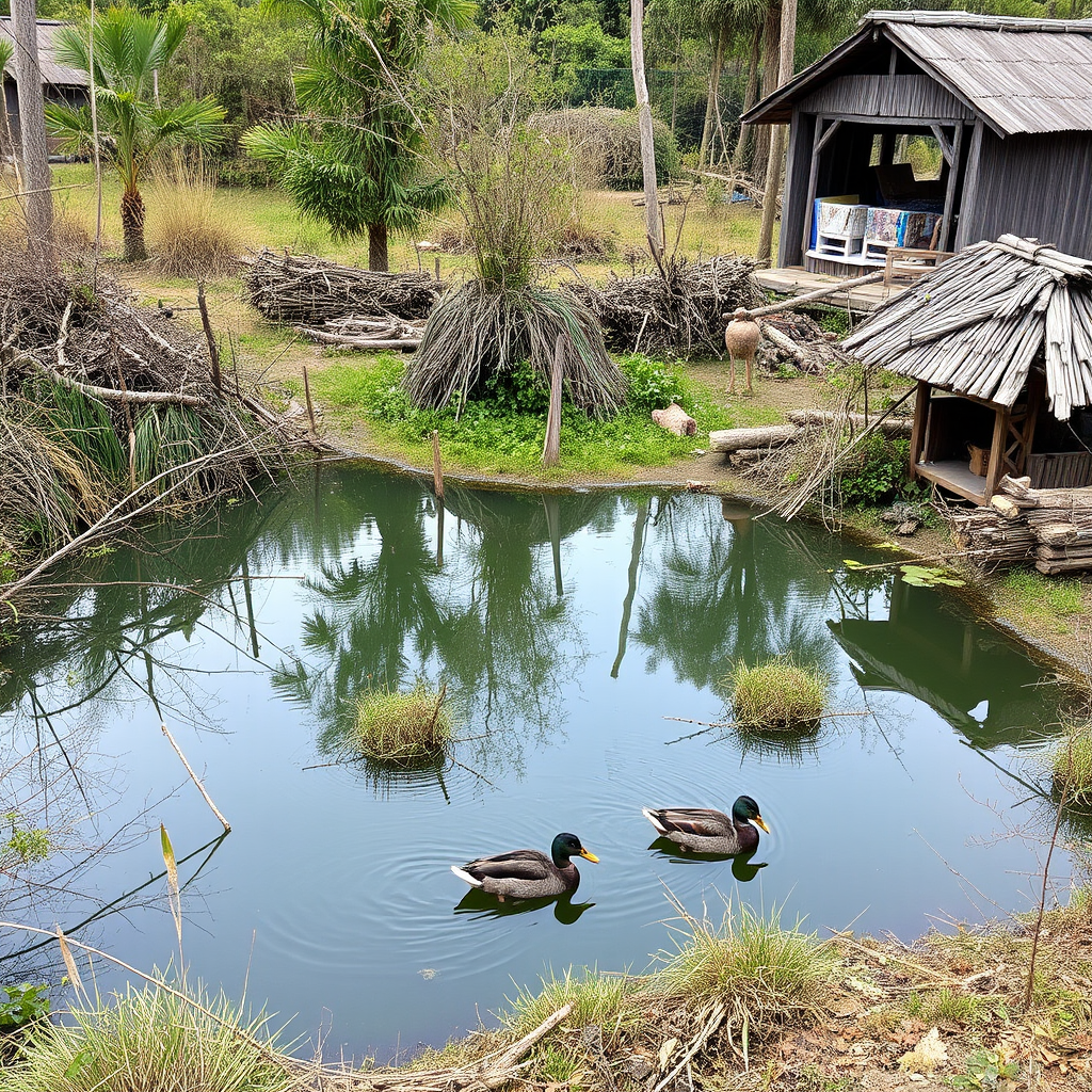 Small serene lake surrounded by wild vegetation and handmade wooden structures in Freetown Christiania, with ducks swimming peacefully