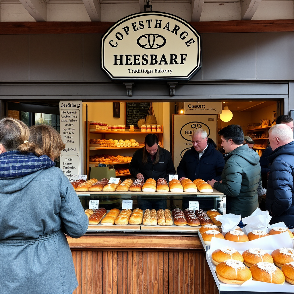 Traditional Copenhagen bakery with fresh Danish pastries, local customers, and authentic Nordic baking atmosphere