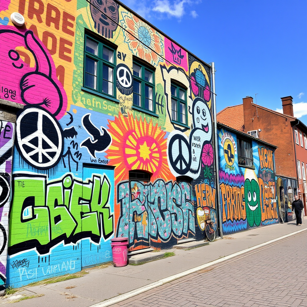 Vibrant street art murals on building walls in Freetown Christiania, featuring colorful graffiti, peace symbols, and alternative art expressions in Copenhagen's autonomous district