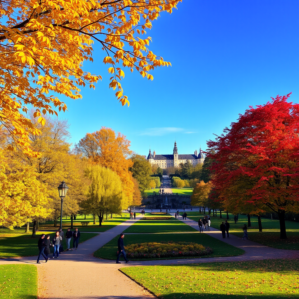 Copenhagen's King's Garden in autumn with golden and red maple leaves, people walking on tree-lined paths, and the historic Rosenborg Castle visible in the background under a crisp blue sky