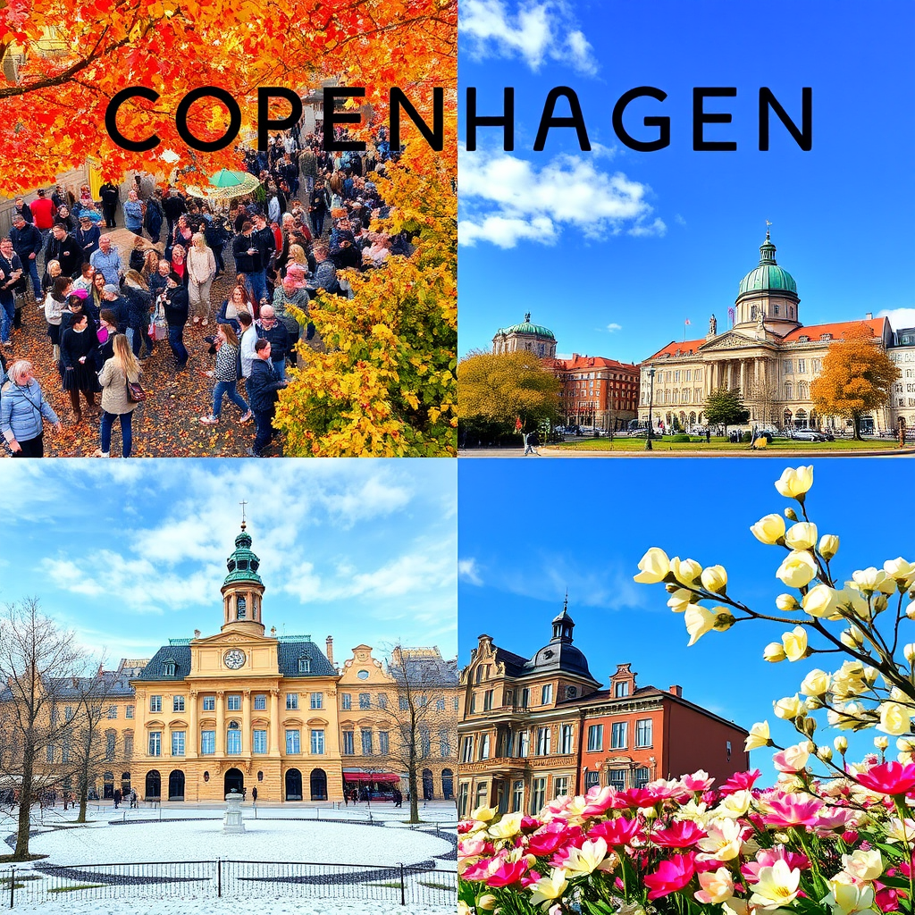 Four seasons collage of Copenhagen showing summer festivals with crowds, autumn leaves in parks, winter snow on historic buildings, and spring flowers blooming, representing year-round travel planning