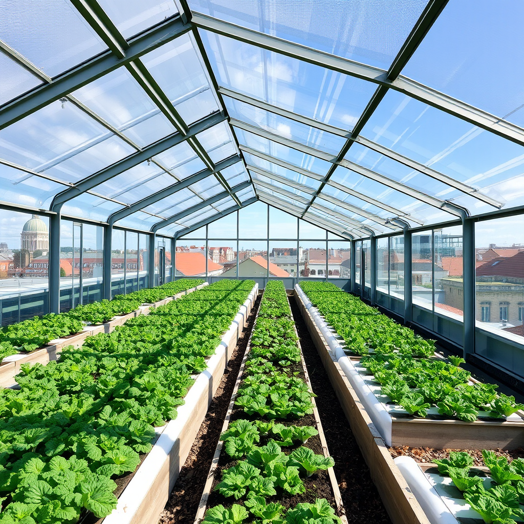 Modern rooftop greenhouse with glass panels, rows of green vegetables growing in raised beds, and Copenhagen cityscape visible in the background