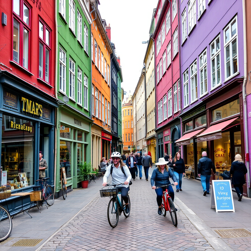Trendy street in Vesterbro district with colorful facades, vintage shops, outdoor cafe seating, cyclists, and pedestrians enjoying the vibrant Copenhagen neighborhood atmosphere