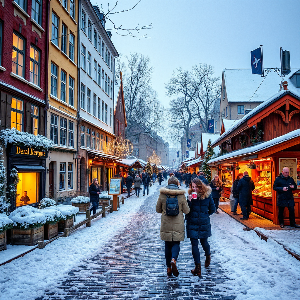 Cozy Copenhagen winter scene with snow-covered cobblestone streets, warm yellow lights glowing from traditional Danish buildings, Christmas markets with wooden stalls, and people bundled in winter coats enjoying hot drinks