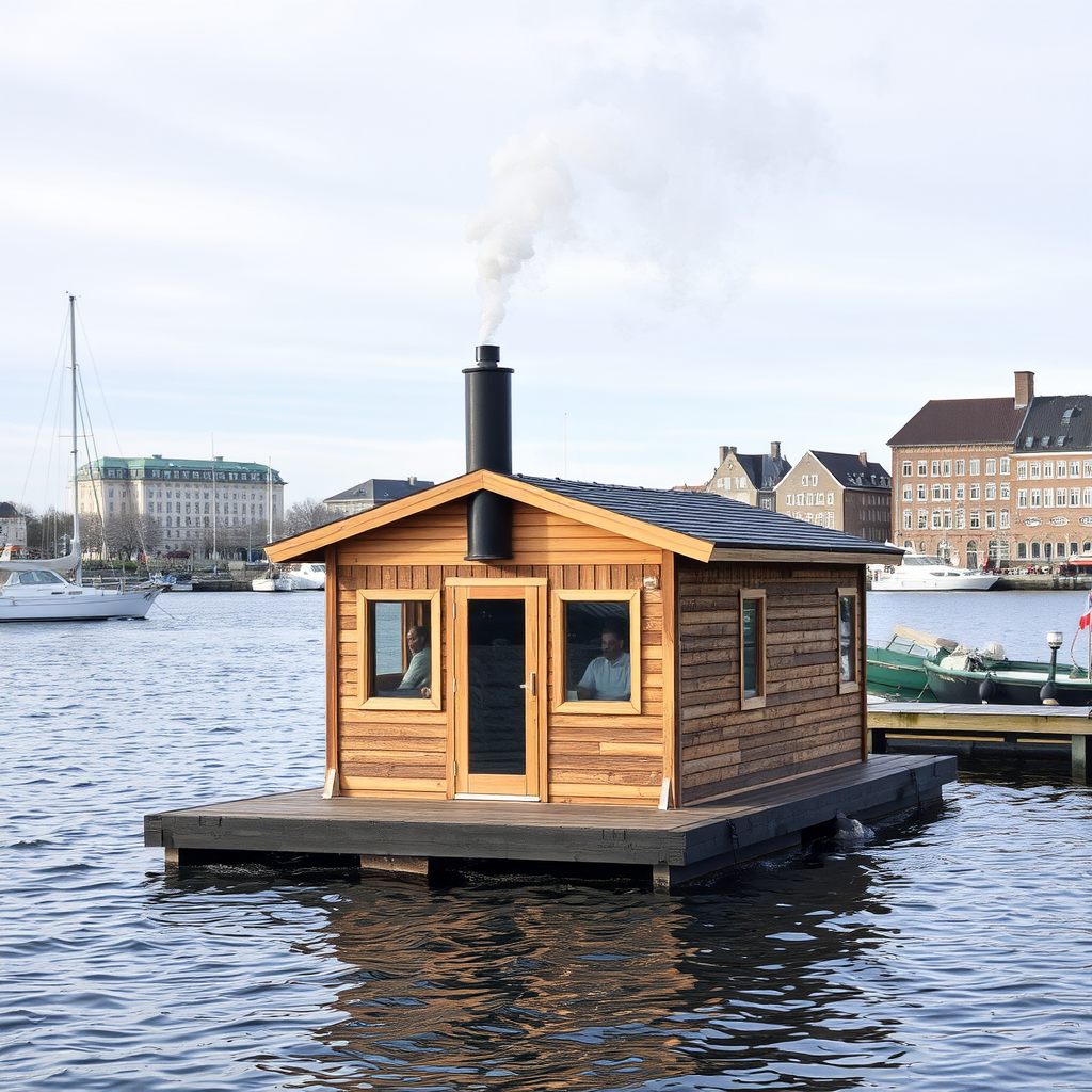 Small wooden floating sauna structure on Copenhagen harbor with steam rising from its chimney and people visible through windows