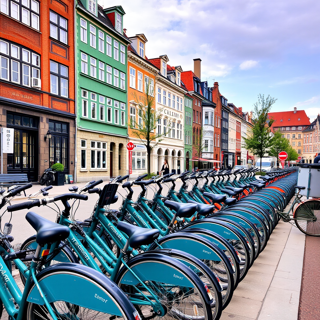 Rows of city bikes parked along a Copenhagen street with traditional Danish architecture in the background, showing the city's bike-friendly infrastructure and sustainable transportation options
