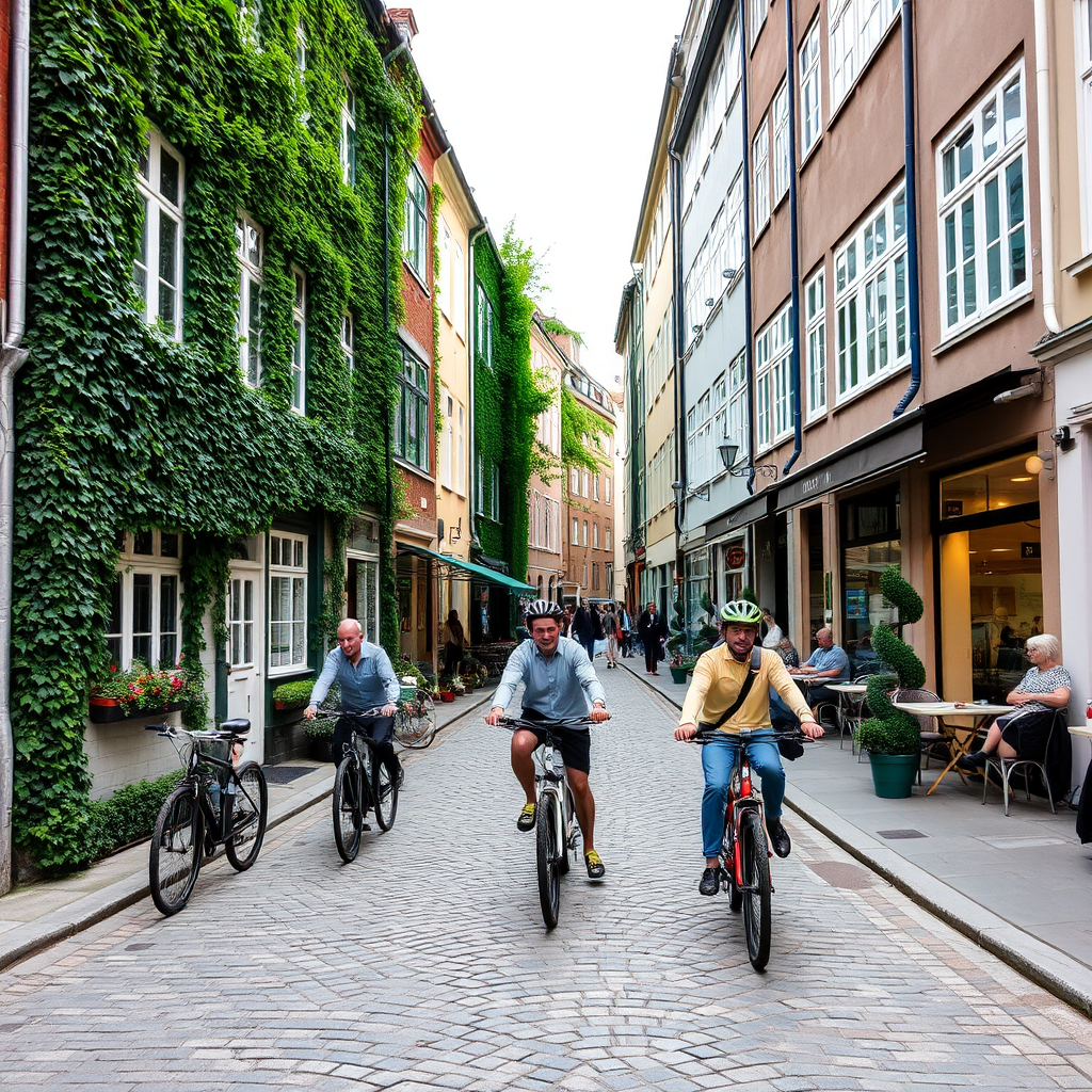 Cyclists discovering a quiet cobblestone street in Copenhagen with ivy-covered buildings, small cafes, and local residents enjoying the peaceful atmosphere