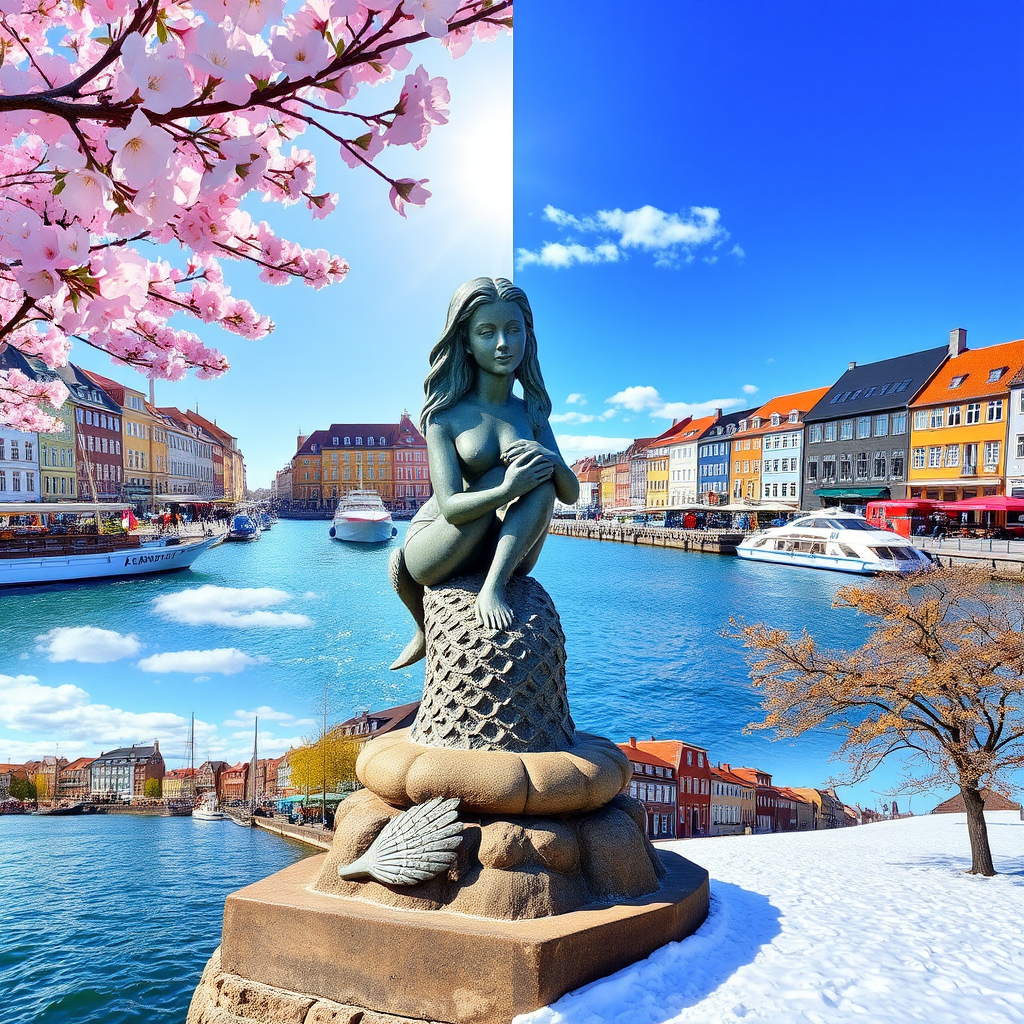 Composite image showing Copenhagen's iconic Little Mermaid statue and Nyhavn harbor across all four seasons - spring blossoms, summer sunshine, autumn colors, and winter snow - demonstrating the city's year-round beauty