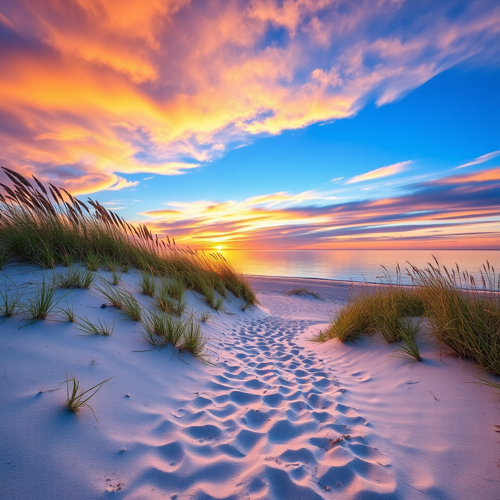 Secluded sandy beach with tall grass dunes, calm blue water, and dramatic sunset sky reflecting on the water surface