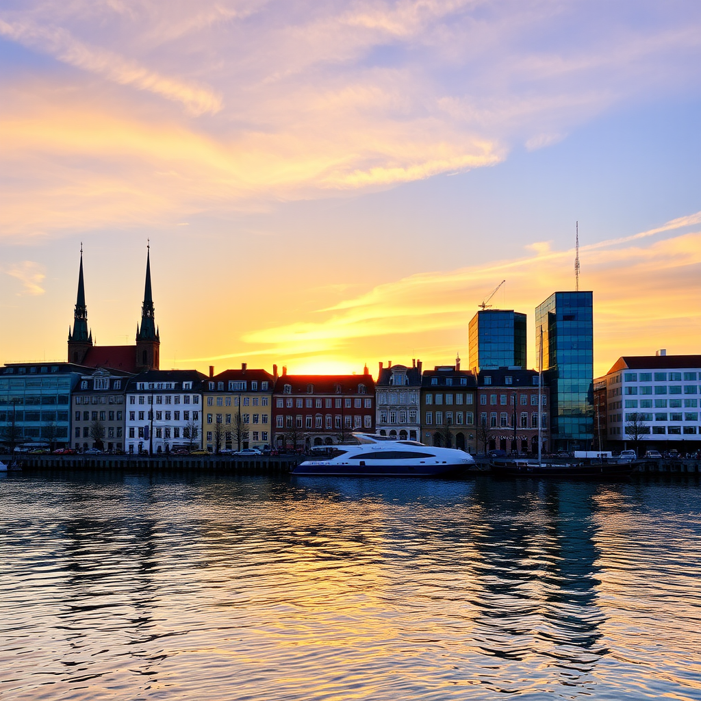 Golden sunset over Copenhagen's skyline with traditional spires and modern buildings reflected in calm harbor waters, showing the city's blend of historic and contemporary architecture