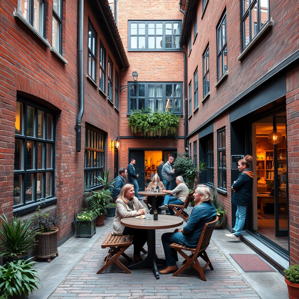 Local Copenhagen residents and visitors enjoying a quiet moment in a hidden courtyard with traditional Danish architecture and cozy atmosphere